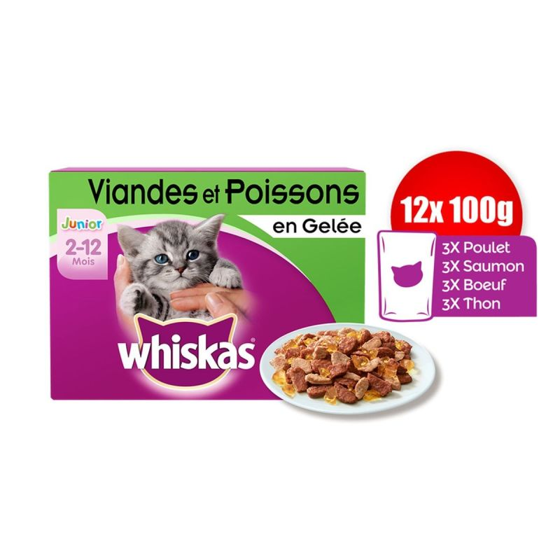 Whiskas Junior Sachets Fraîcheur En Gelée 4 Variétés : Les 12 De 100 G