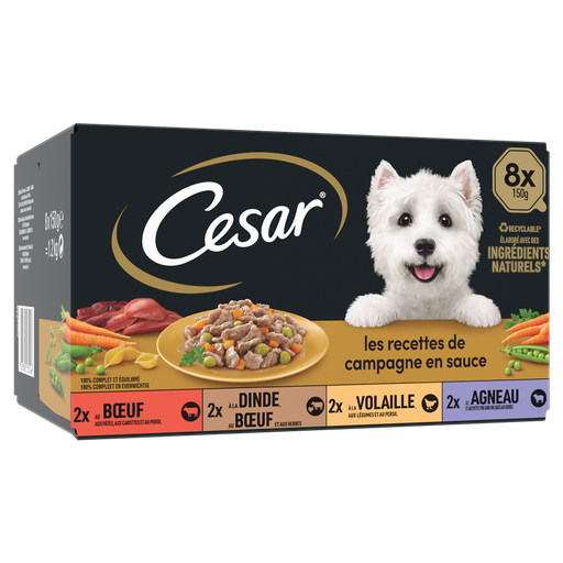 [3065890135246] CESAR Comida Húmeda Perro Adulto Aves Buey Pavo Cordero Recetas de Campo 8x150g