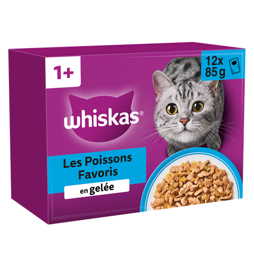 [3065890153585] WHISKAS Comida Húmeda Para Gato Adulto Les Poissons Favoris En Gelatina 12x85g
