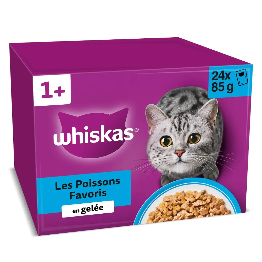 Whiskas Pâtée Pour Chat Adulte En Gelée Saumon Thon Cabillaud Poisson Blanc 24X85G