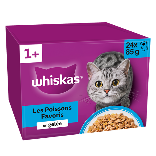 [3065890153684] WHISKAS Comida húmeda para gato adulto sabores de pescado en gelatina 24x85g