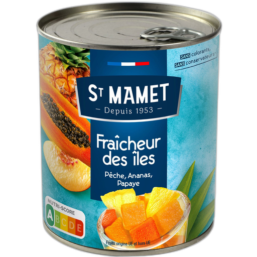 [3080920981587] SAINT MAMET Mélange de pêche, ananas, papaye Fraîcheur des Iles 0.475 kg
