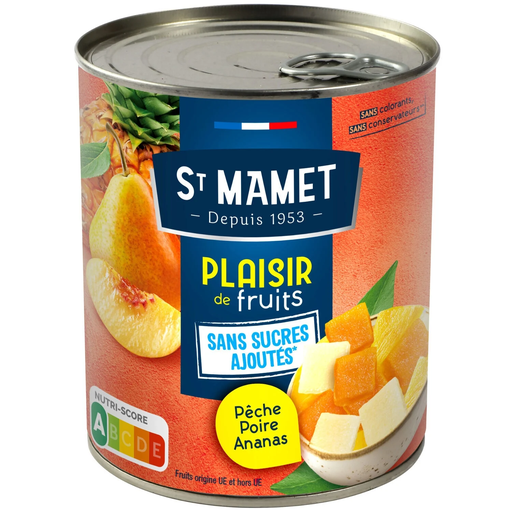 [3080920994211] SAINT MAMET Ensalada de frutas melocotón pera piña sin azúcares añadidos 825 g