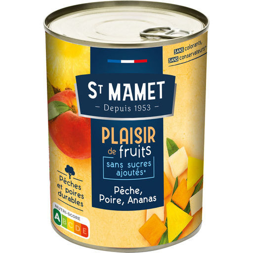 [3080920994242] SAINT MAMET Frutas en almíbar melocotón, pera y piña 412 g