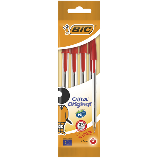 [3086120100018] BIC Stylo bille Cristal Original pointe moyenne rouge, le lot de 4 stylos