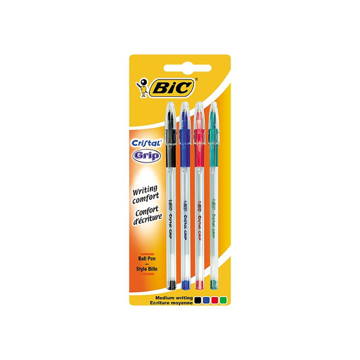 [3086123004016] BIC Canetas Esferográficas Ponta Média Azul/Preto/Vermelho/Verde Cristal Grip 4 unidades