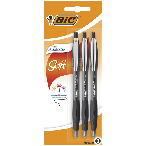 [3086123404625] BIC Atlantis Soft Canetas Esferográficas Retráteis Ponta Média 1,0mm Preto, Blister de 3