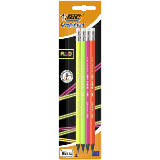 [3086123449046] BIC Lápices Evolution Fluo HB con goma, blíster de 4