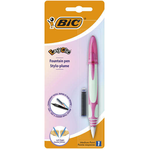 [3086126733043] BIC Easy Clic Refillable Fountain Pen, Random Color, Blister of 1 + 1 Cartridge