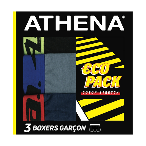 [3106438099443] ATHENA Boxer rapaz tinta/cinza/preto algodão elástico lote de 3 boxers