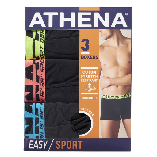 [3106439563363] ATHENA Boxers de Algodão para Homem EASYSPORT Preto, lote de 3 unidades