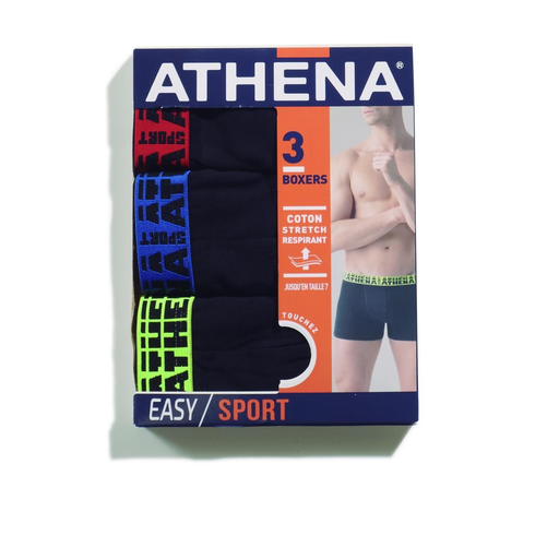 [3106439563370] ATHENA 3 Boxers Homem Algodão EASYSPORT Preto, lote de 3 boxers