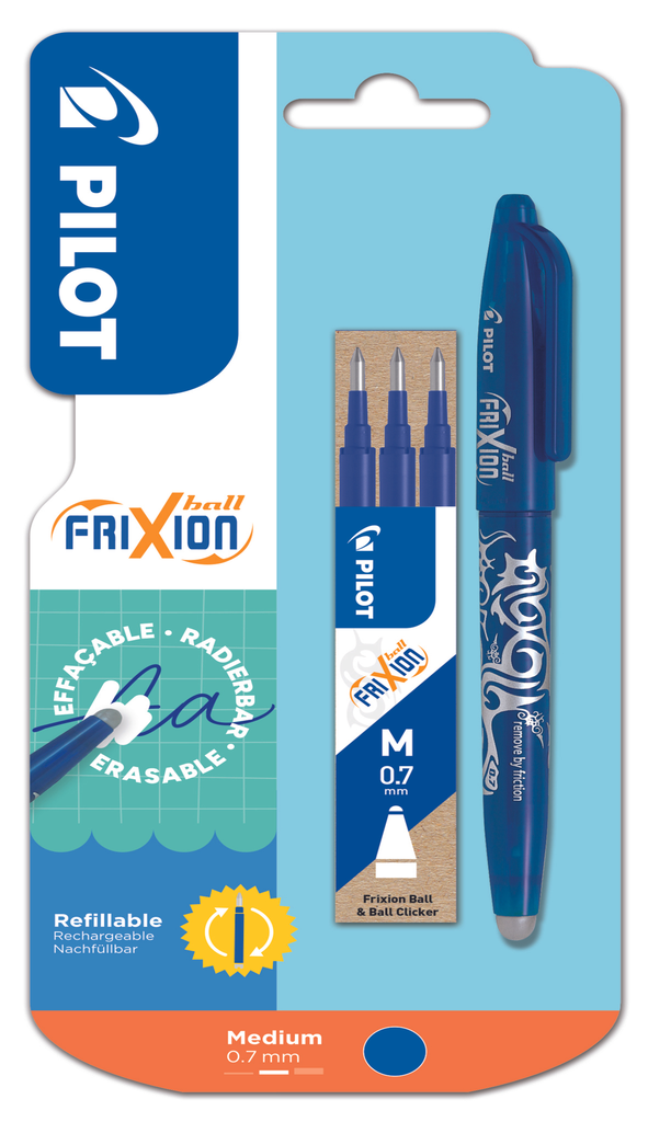 PILOT Caneta roller FriXion Ball tinta azul apagável ponta média + 3 recargas