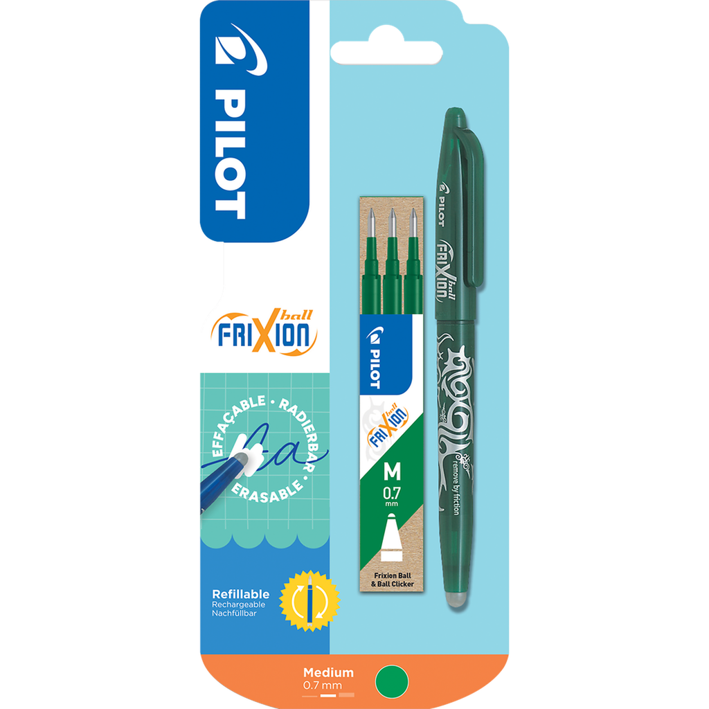 PILOT Bolígrafo roller Fri Xion Ball tinta verde borrable punta media + 3 recambios
