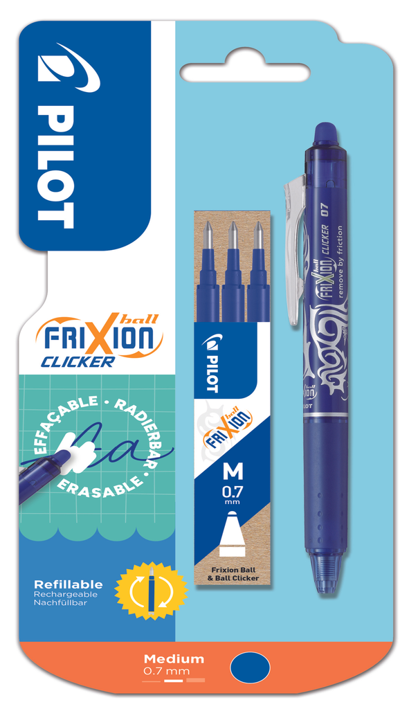 PILOT Fri Xion Ball Clicker Erasable Blue Ink Rollerball Pen Medium Point + 3 Refills