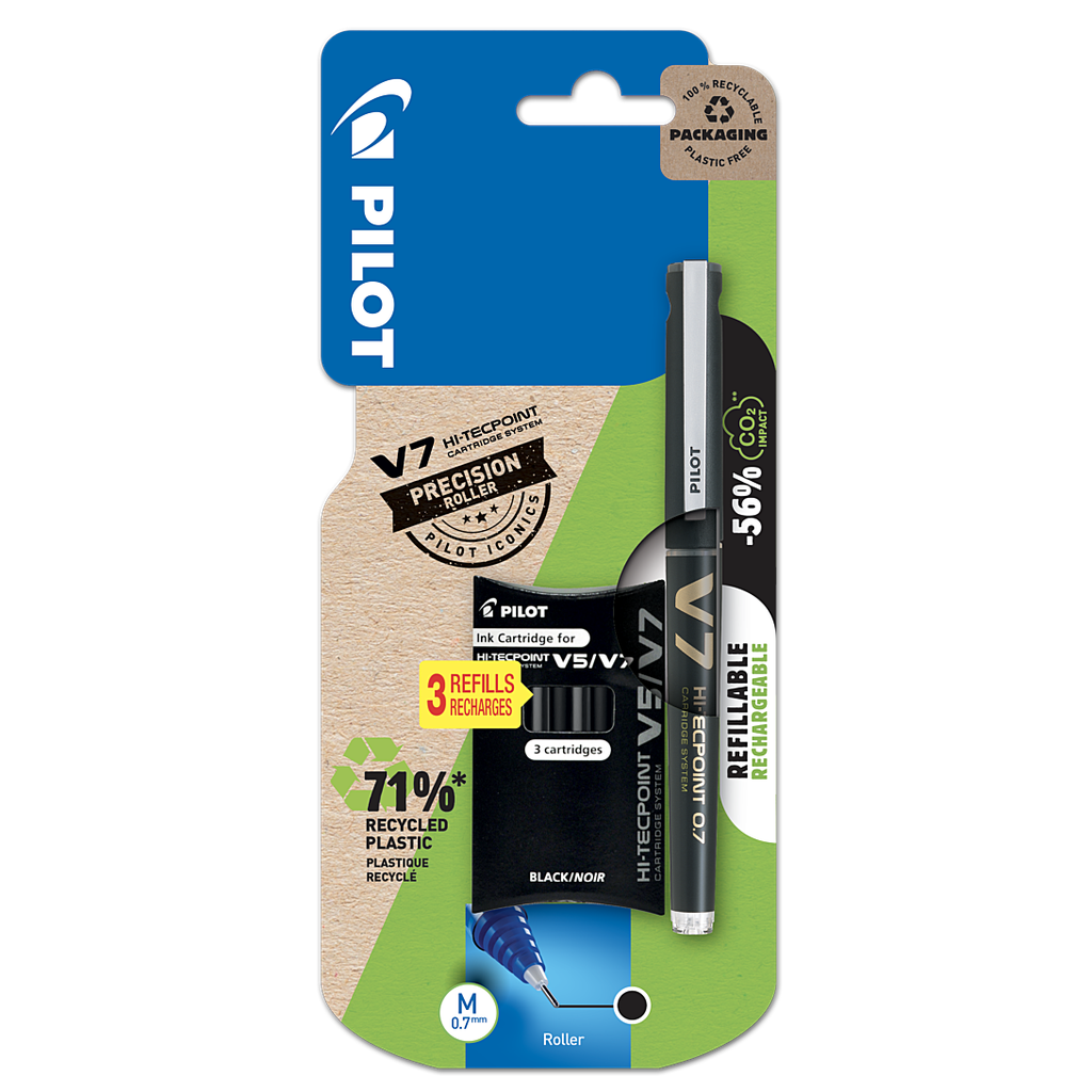 PILOT V-7 rechargeable moyen x 1 noir + 3 cartouches