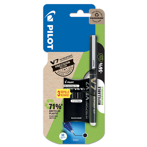 [3131910225560] PILOT V-7 refillable medium x 1 black + 3 cartridges