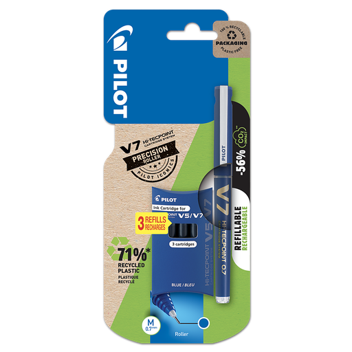 [3131910225577] PILOT V-7 rechargeable moyen x 1 bleu + 1 3 cartouches