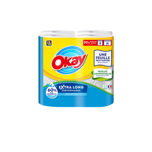 [3133200093811] OKAY Essuie-tout XXL blanc 4 rouleaux équivalent à 6 rouleaux
