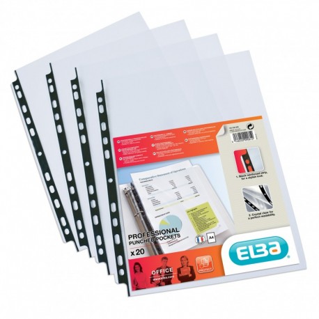 El'A Oxford Sachet De 20 Pochettes Perforées Usage Intensif A4 Polypro Lisse Epaisseur 12/100Ème Incolore