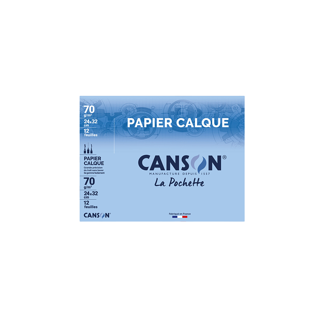 Canson Pochette Papier Calque Satiné 12 Feuilles 70 G 24 X 32 Cm Translucide