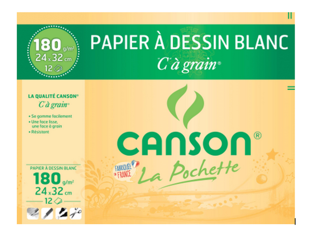 CANSON White Drawing Paper C Grain 24x32cm 180g, pack of 12 sheets