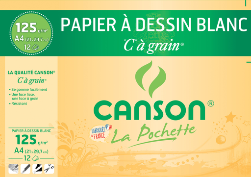 [3148950271051] CANSON Papel de dibujo grano 125g, 21x29,7cm, carpeta 12 hojas