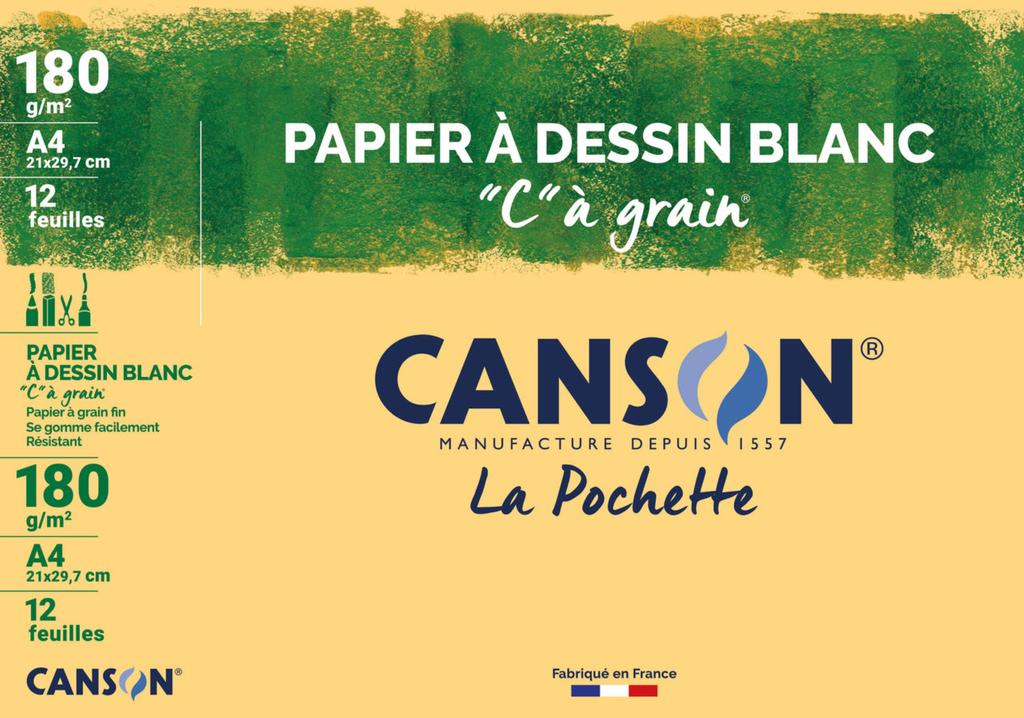 CANSON Bloco de papel de desenho branco de grão 12 folhas 21x29,7cm 180g