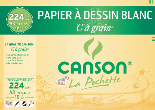 [3148950271150] CANSON Papel de dibujo C grano fino blanco A3 29,7x42cm 224g, la carpeta