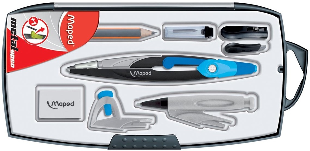 Maped Compas Metal Open Coffret 8 Pièces: - 1 Stylo Bille Raccord Mine Mm