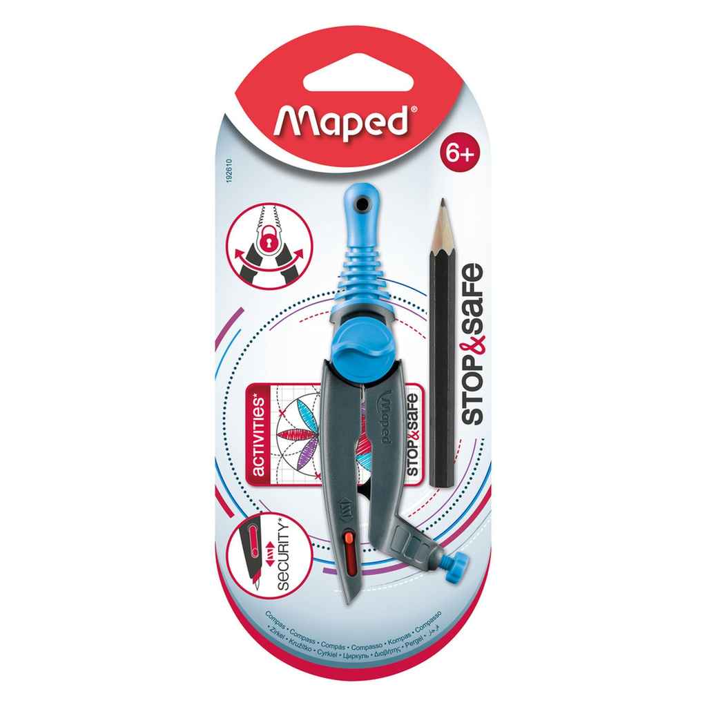 MAPED Compás Escolar Stop & Safe con anillo para lápiz grafito, el compás plástico