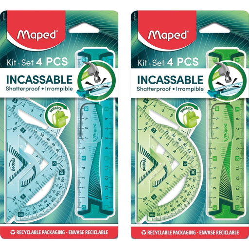 [3154142440693] MAPED Set de trazado regla 15cm + 2 escuadras (45 y 60°) + transportador plástico irrompible, El kit