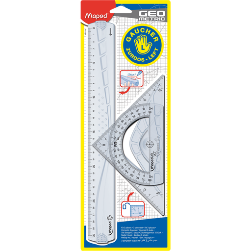 [3154148971184] MAPED Kit de trazado 3 piezas regla + escuadra + transportador para zurdos Géométric 3D