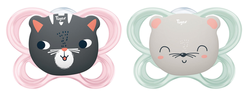 [3159921221272] TIGEX 2 chupetas soft mini silicone 18-36 meses gato rato lote de 2