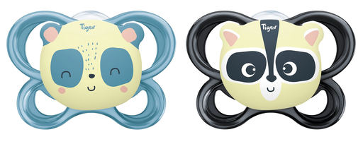 [3159921222996] TIGEX 2 chupetas softmini silicone 6-18 meses fosforescente guaxinim panda lote de 2