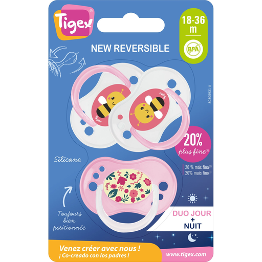 [3159921227892] TIGEX Pink Silicone Day/Night Pacifiers 18-36 Months (Pack of 3)