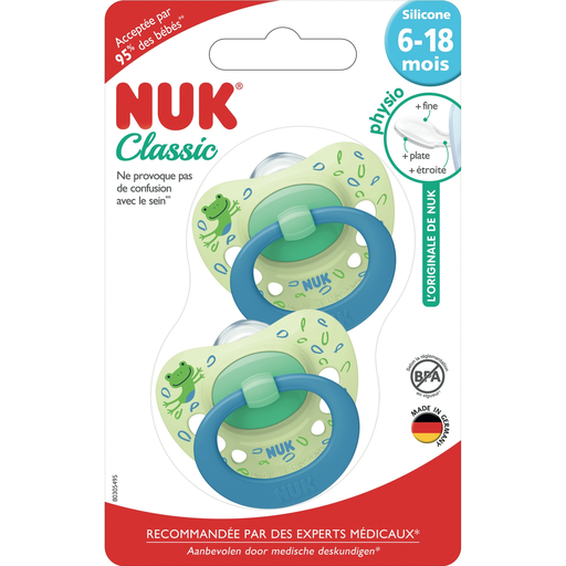 [3159921228493] NUK Classic Blue Silicone Pacifiers 6-18 months, pack of 2