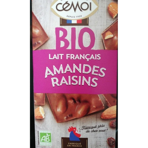 [3173281422506] CÉMOI TABLETTE Organic Milk Chocolate Almonds Raisins 180 g