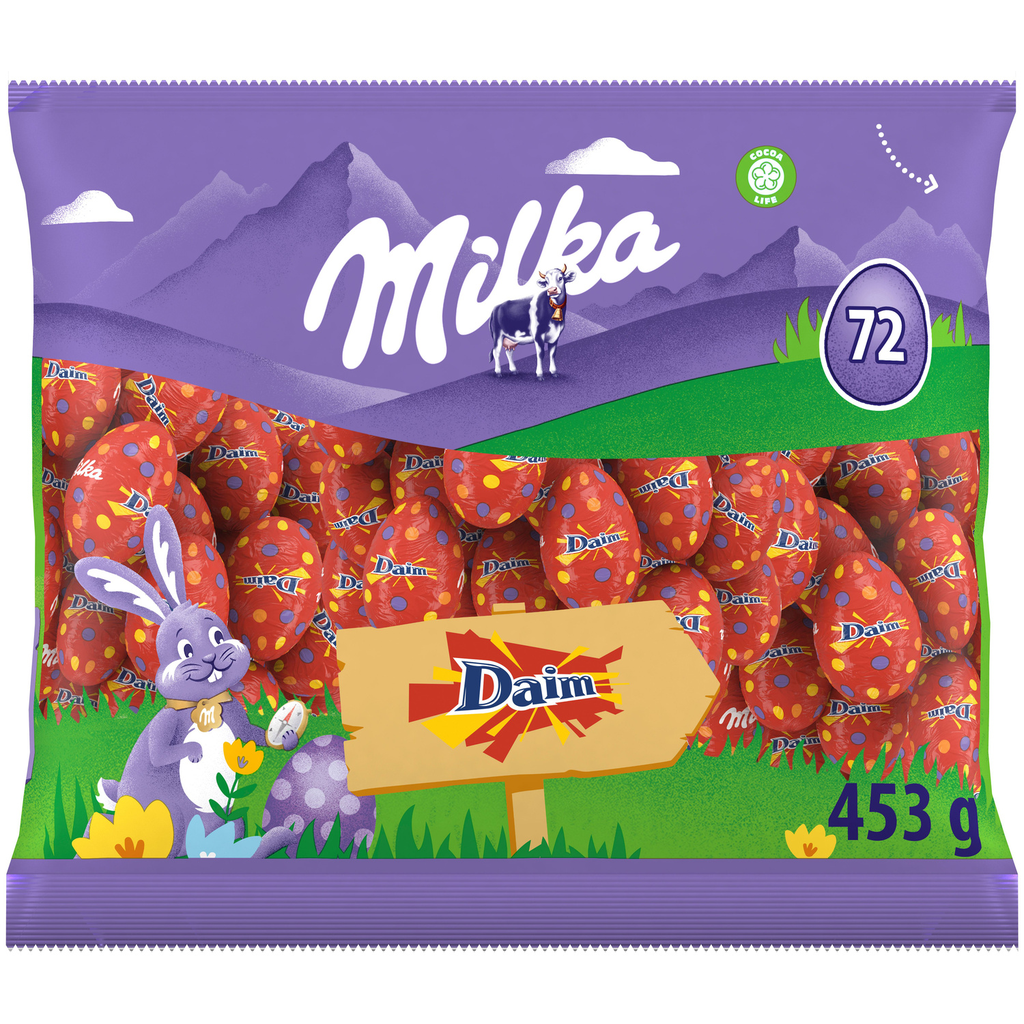 MILKA Ovos de chocolate de leite Daim com pedaços de caramelo 435 g
