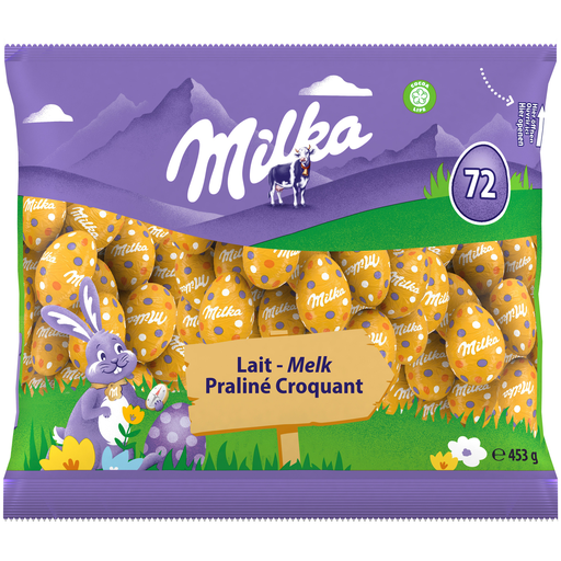 [7622202250064] MILKA Ovos recheados com praliné chocolate de leite 435 g
