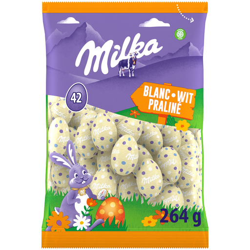 [7622202256462] MILKA Ovos de chocolate branco recheados com praliné de avelã 264 g
