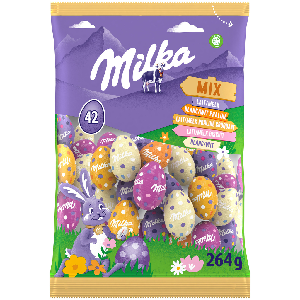 MILKA Ovos pequenos mix chocolate de leite, branco, praliné, bolacha 264 g