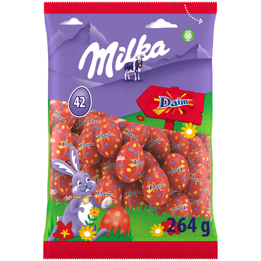 [7622202256585] MILKA Ovos pequenos de chocolate de leite Daim com pedaços de caramelo crocante de amêndoa 264 g