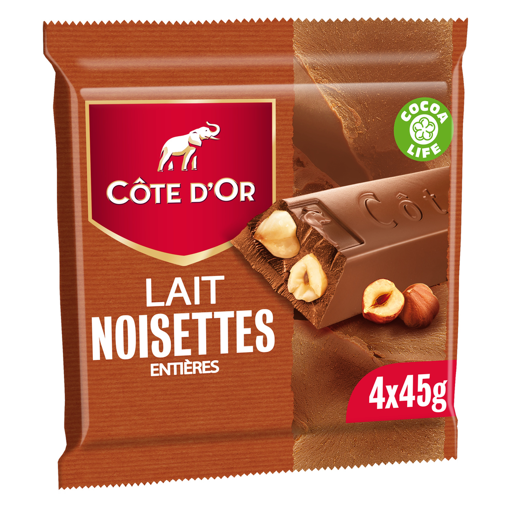 COTE D'OR Tablette de chocolat au lait noisettes entières 4 x 45 g