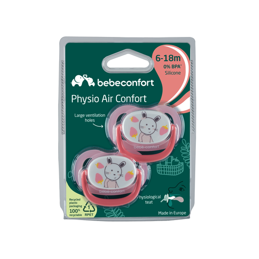 [3220660326907] BEBE CONFORT Sucettes rose silicone 6-18 mois Physio Air, le lot de 2 sucettes