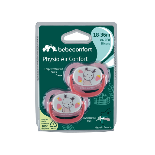 [3220660326914] BEBE CONFORT Sucettes Air silicone rose & jaune 18/36 mois le lot de 2 sucettes