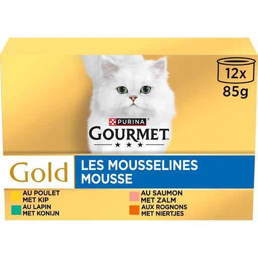 [3222270550673] GOURMET Gold Paté para gatos mousselines pollo, salmón, riñones, conejo 12 x 85 g
