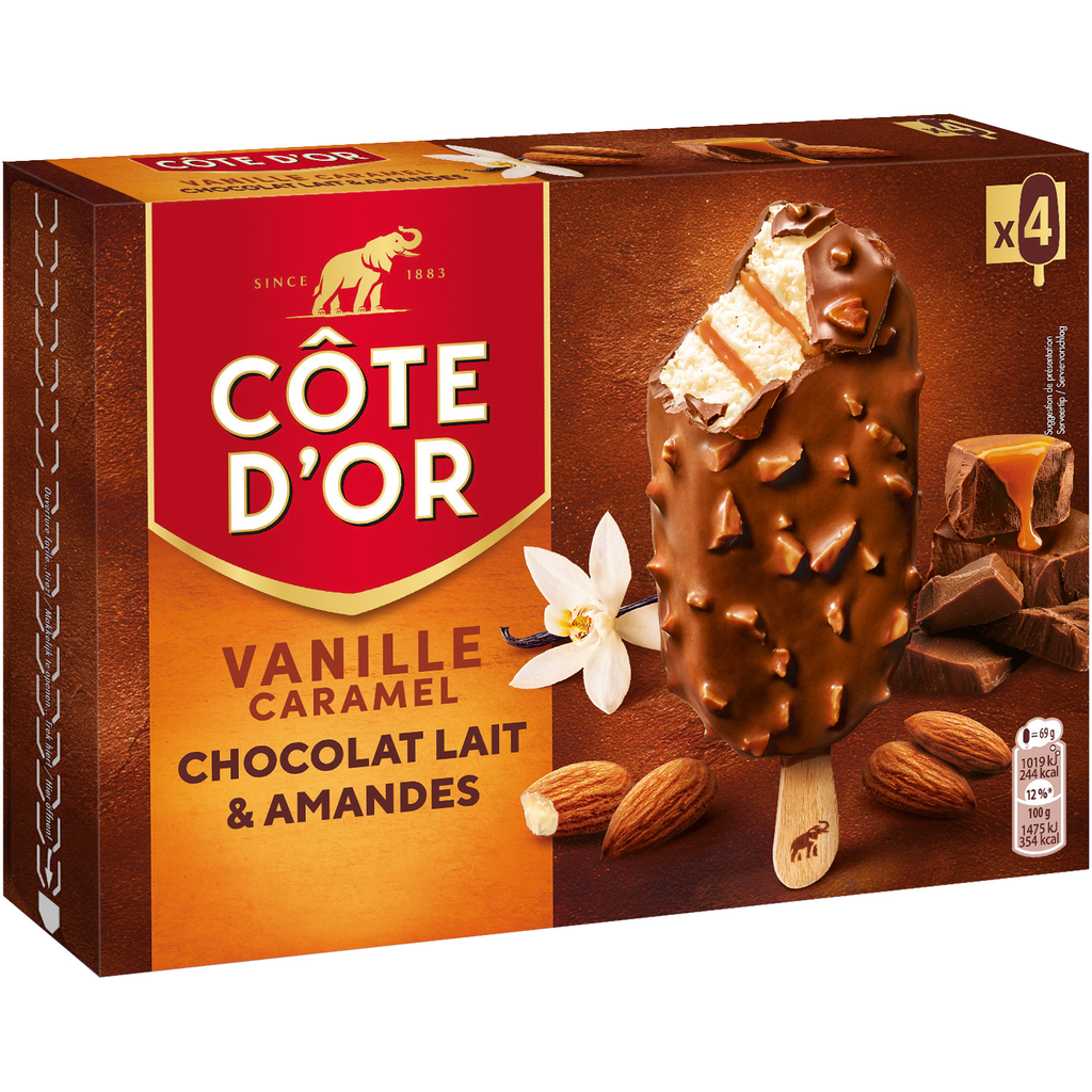 COTE D'OR Gelados em pau baunilha molho caramelo chocolate & amêndoas 4x276g