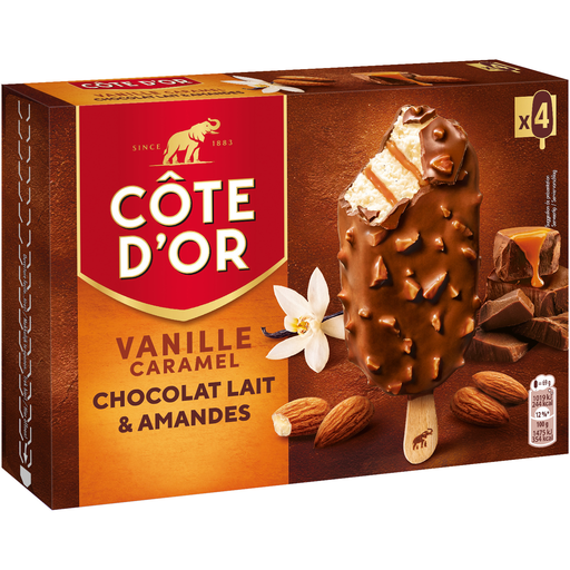 [3274664266479] COTE D'OR Helados en palo vainilla salsa caramelo chocolate & almendras 4x276g