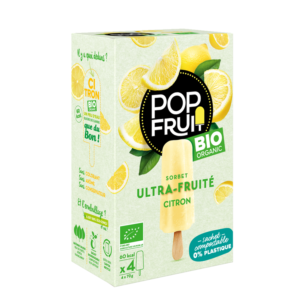 MAISON DE LA GLACE Bâtonnets à l'eau citron bio Popfruit x4 280 g